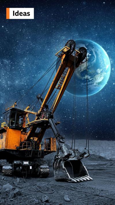 Graphic illustration of a construction vehicle on the surface of the moon with the view of Earth seen in the background