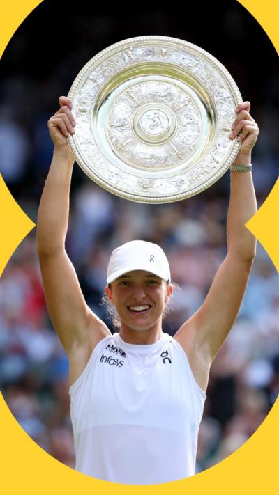 Iga Swiatek holds her Wimbledon trophy above her head