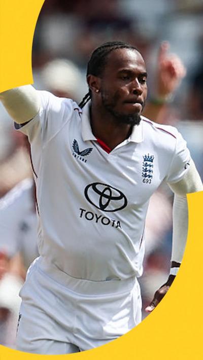 Jofra Archer celebrating a wicket with his arm in the air on day four of England v New Zealand