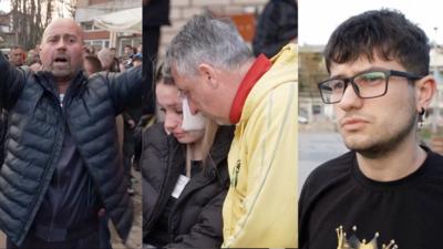 Composite image showing Dragu with his arms raised, Marija being comforted by her father and Mihail speaking.