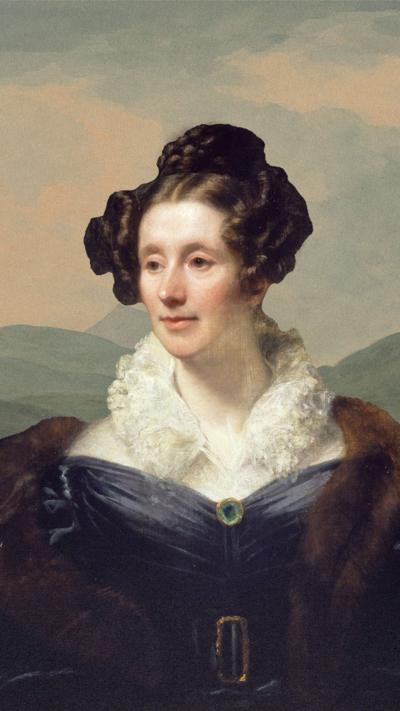 A portrait of Mary Somerville on a mountainous background
