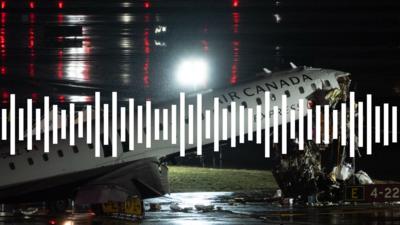 Audio waves are seen with an image of a passenger plane hat collided with a fire truck while landing at LaGuardia Airport.
