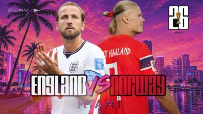 An image of Harry Kane and Erling Haaland in a 80s Miami style setting with the words England Vs Norway. 