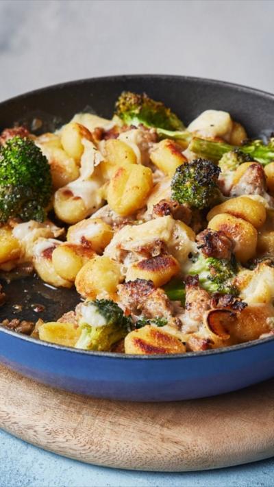 Sausage, gnocchi and broccoli in a blue pan that's sitting on a wooden board