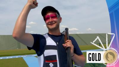 Watch as GB's Nathan Hales wins a gold medal in the men's trap final.