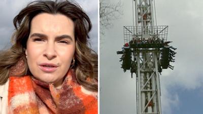 Sara Rowlands next to a photo of one of the rides suspended in mid air