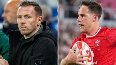 Craig Bellamy (R) watches his Wales football players and Kieran Hardy heads for the line against Japan
