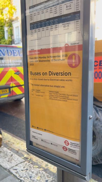 Sign notifying of bus diversions due to electrical work.