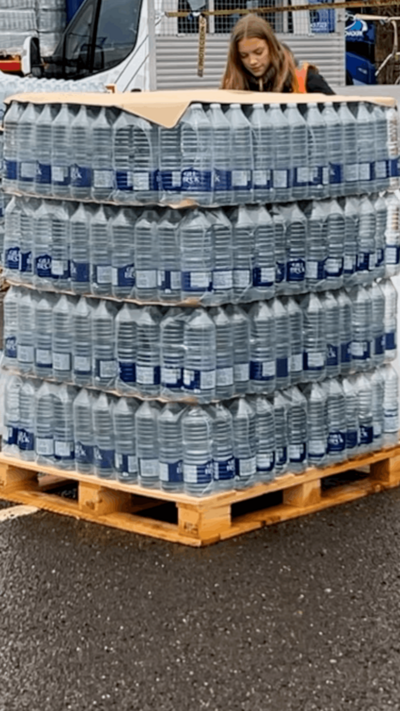 A pallet of bottled water.