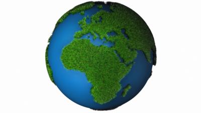 Graphic of the globe covered in grass where the land is