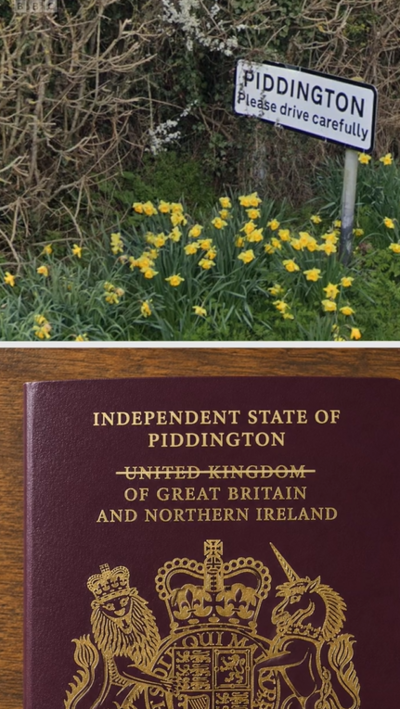 A composite image of a road sign for Piddington above a bunch of daffodils, next to a hedge  - this image sits above a photo of a burgundy UK passport that has been altered to read "Independent state of Piddington"