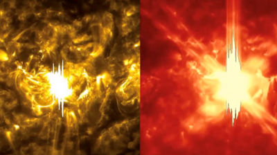 Side-by-side images of a solar flare on the surface of the Sun