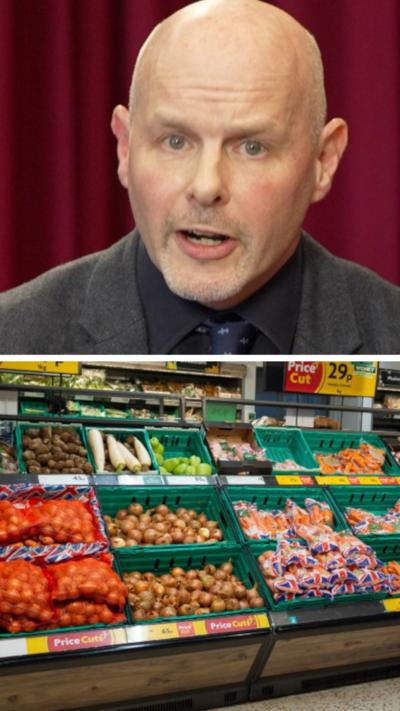 A composite image showing Theo Leggett talking to the camera and vegetables in a supermarket aisle