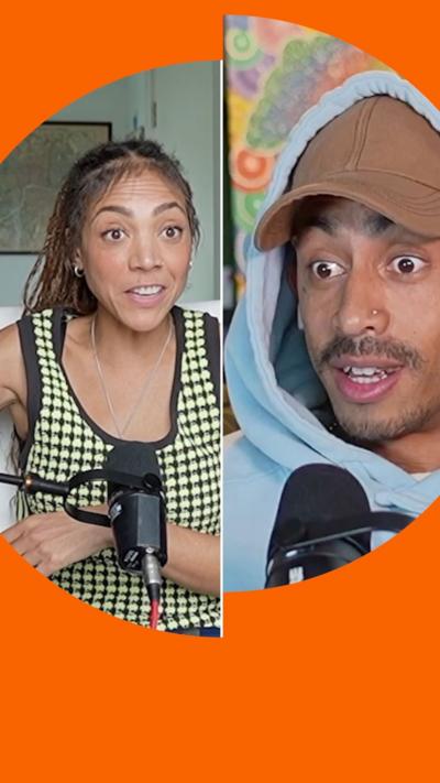 Splitscreen of Miquita Oliver and Jordan Stephens talking into microphones