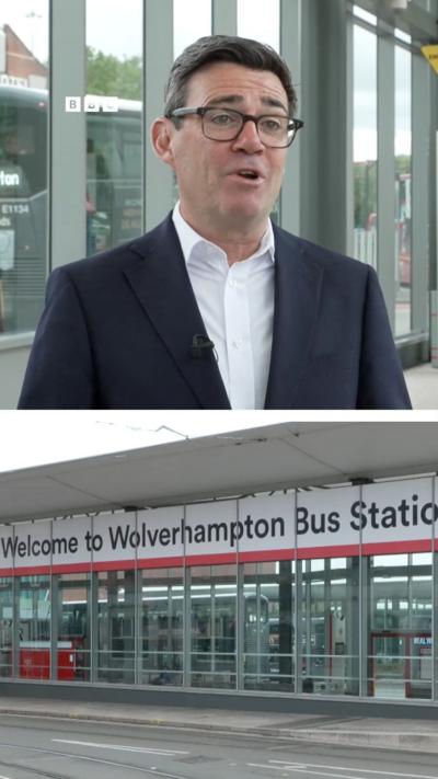 Split screen view, below we see a Wolverhampton bus station sign. Above Prime Minister Andy Burnham wearing dark rimmed glasses, dark blue blazer and white shirt.