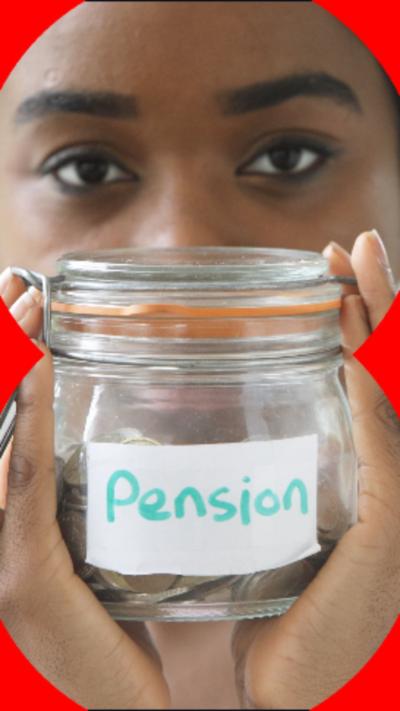 A young woman with dark hair holds up glass jar of coins labelled 'pension'.