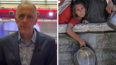A composite image of Paul Adams and a hungry child with a bowl