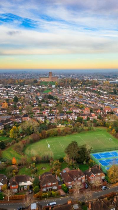 An aerial view of a town.