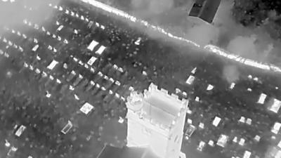 Graveyard from above, in black and white.