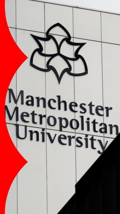 A general view of the Manchester Metropolitan University building, which is black and white.