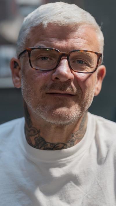 Matt Prichard close up shot, he is wearing glasses and a white tshirt with grey hair