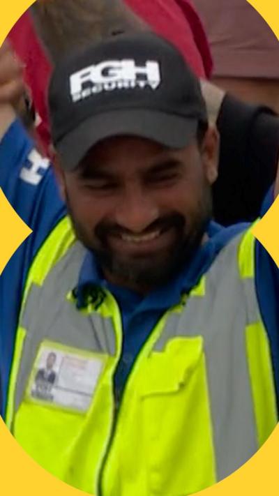 Security guard celebrates after taking brilliant catch at the cricket