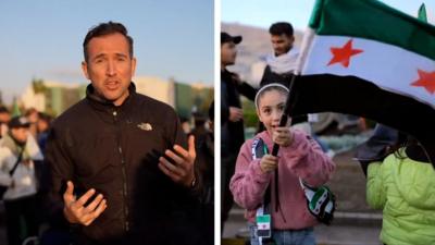 Splitscreen image: Hugo Bachega standing and a little girl waving a Syrian flag