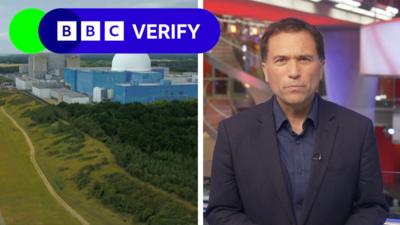On the left: An aerial view of the Sizewell nuclear powerplant. On the right: BBC presenter Ros Atkins wearing a navy blue blazer.