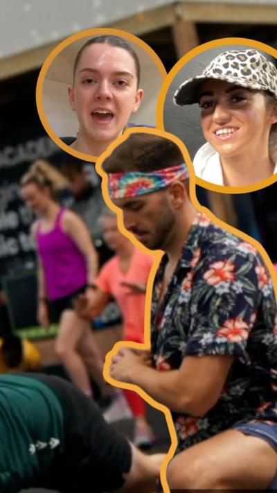 A man in gym gear exercising in a gym wearing a fluorescent headband. In the background are other gym users exercising. With two insets on the picture showing the faces of two women.