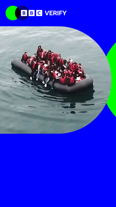An image of migrants wearing red lifejackets in an inflatable boat, in BBC Verify branding.
