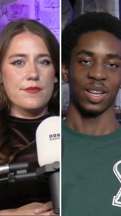 Split screen showing a woman with long dark hair and a black top on the left and a young man in a green top with dark hair on the right