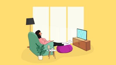 Artwork featuring a person watching the TV on an armchair with their feet up on a bean bag