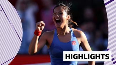 Emma Raducanu smiles and pumps her fist on court at Queen's