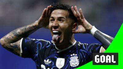 Enzo Fernandez sticks his tongue out to celebrate scoring for Argentina in the 2026 World Cup.