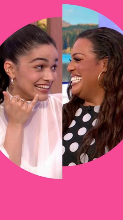 Split screen image of Rachel Zegler and Alison Hammond 