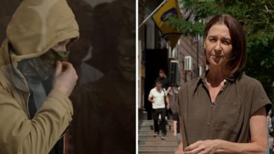 Sarah Rainsford split screen with a man in a hood and face mask.