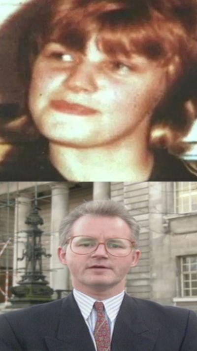 A composite image. On the top is a sepia picture of a woman smiling, and looking to the left with light brown hair. On the bottom is a man with thin rimmed, red glasses and short blonde hair outside a court building. He has a dark blue suit on, under which is a pin stripped shirt and red patterned tie.