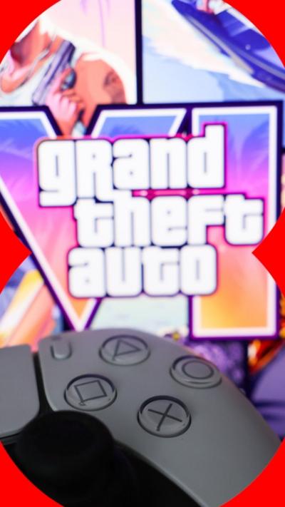 A playstation controller in front of the Grand Theft Auto 6 logo.