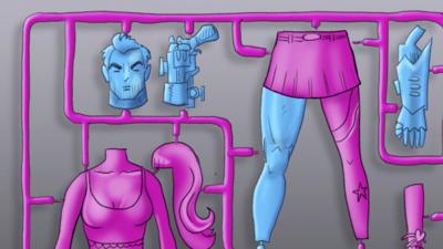 Image of children's toy body parts, some blue and masculine and some pink and feminine