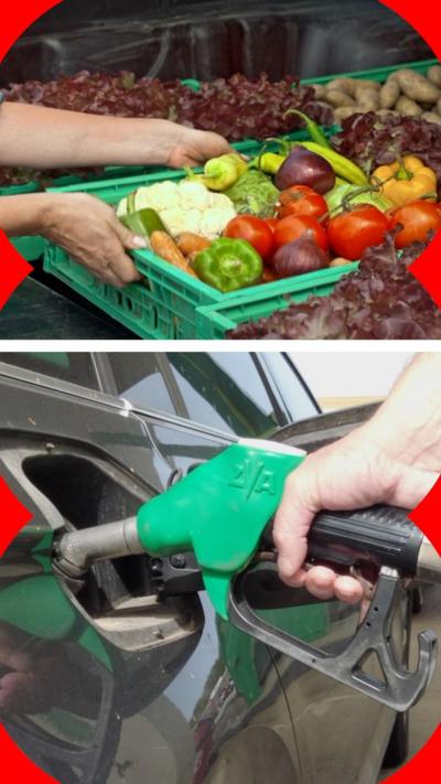 Composite image showing at the top two baskets of fruits and vegetables. Bottom picture shows person holding hose and adding fuel in car