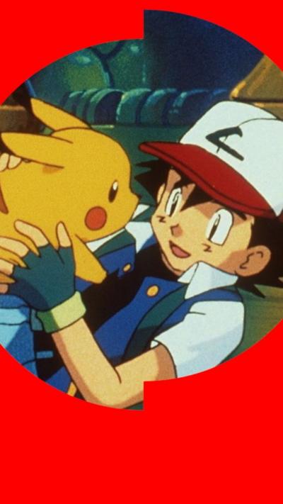 Cartoon image: Ash Ketchum holds Pikachu 