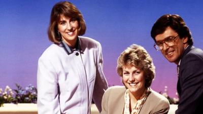 Kirsty Wark, Jill Dando and John Stapleton sit in the Breakfast Time studio.