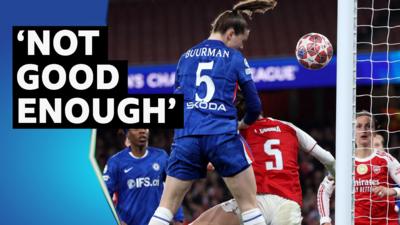 Chelsea's Veerle Buurman rises above on Arsenal's Laia Codina