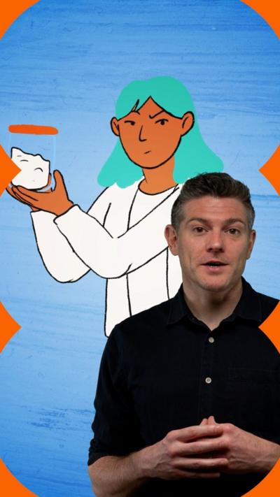 Man smiling as illustrated character presents him with a spoonful of yoghurt