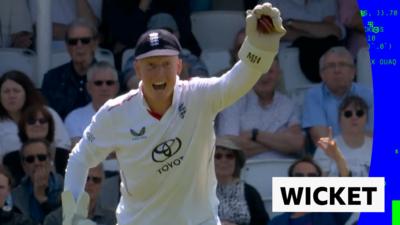James Rew reacts to England's first wicket of the day against New Zealand 