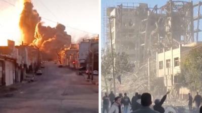 Splitscreen showing an explosion and destruction following strikes