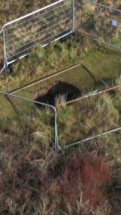 A hole in the ground. There is temporary metal fencing around it. The grass is green. 