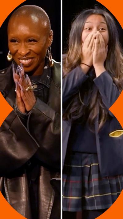 Splitscreen image of Cynthia Erivo smiling, and school girls looking surprised