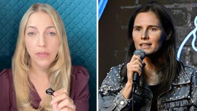 Two separate images of BBC reporter looking at camera, and Amanda Knox speaking into a microphone