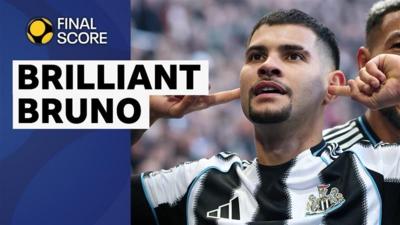 Bruno Guimaraes celebrates scoring for Newcastle